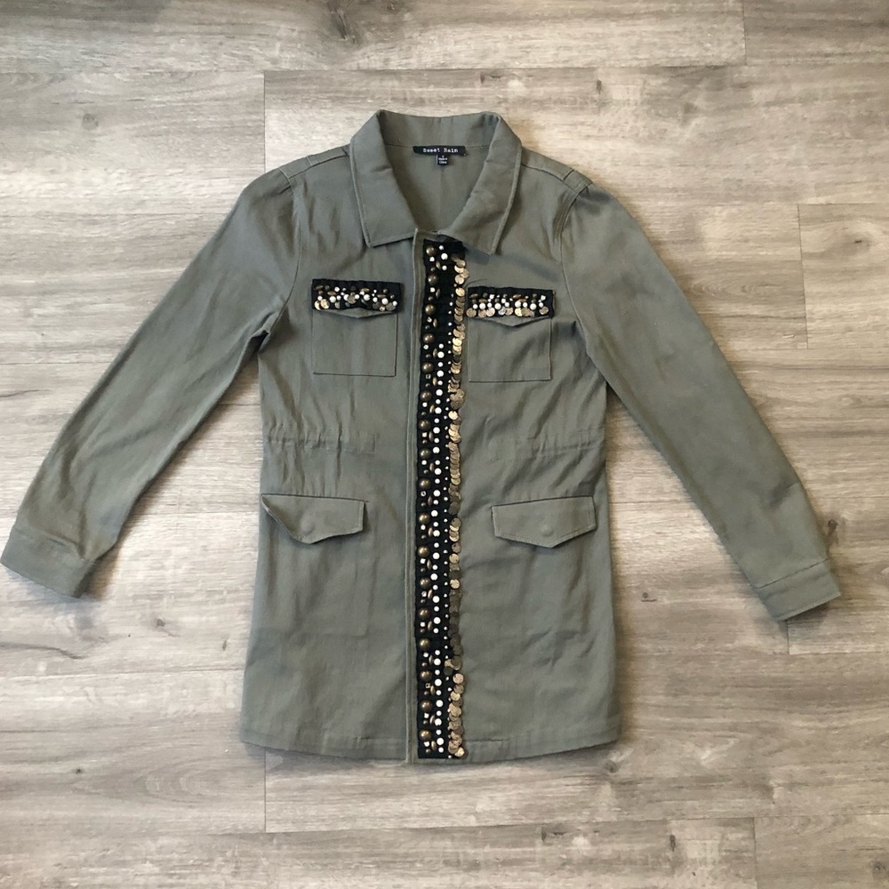 Sweet rain jacket women’s size small embellished military style green